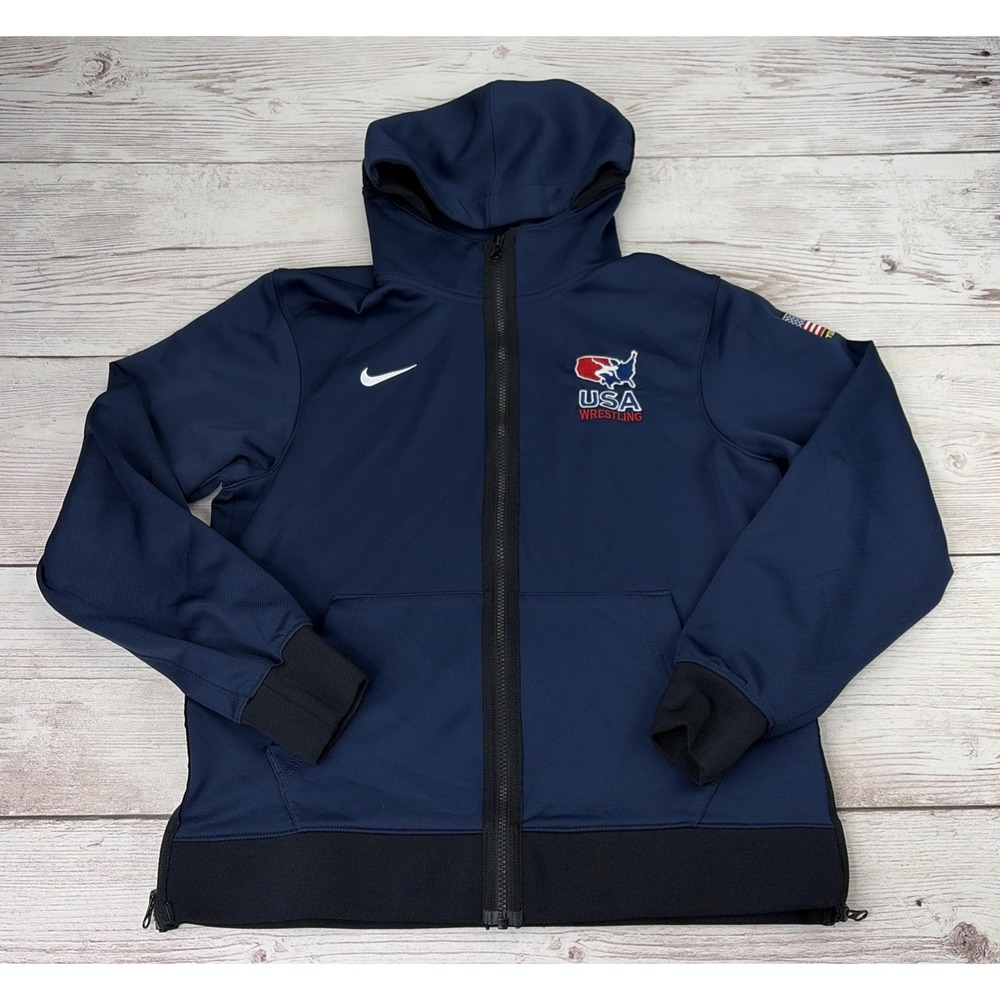 Nike Team USA Men's L Wrestling Olympics Hoodie Full Zip Navy Blue DriFit Fleece